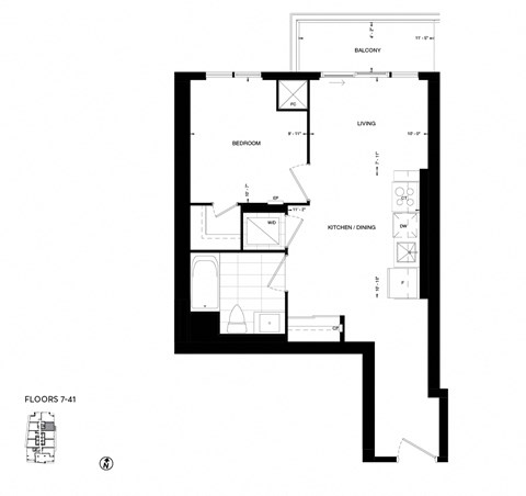Floor plan for 1 bed, 1 bath, 568 sqft
